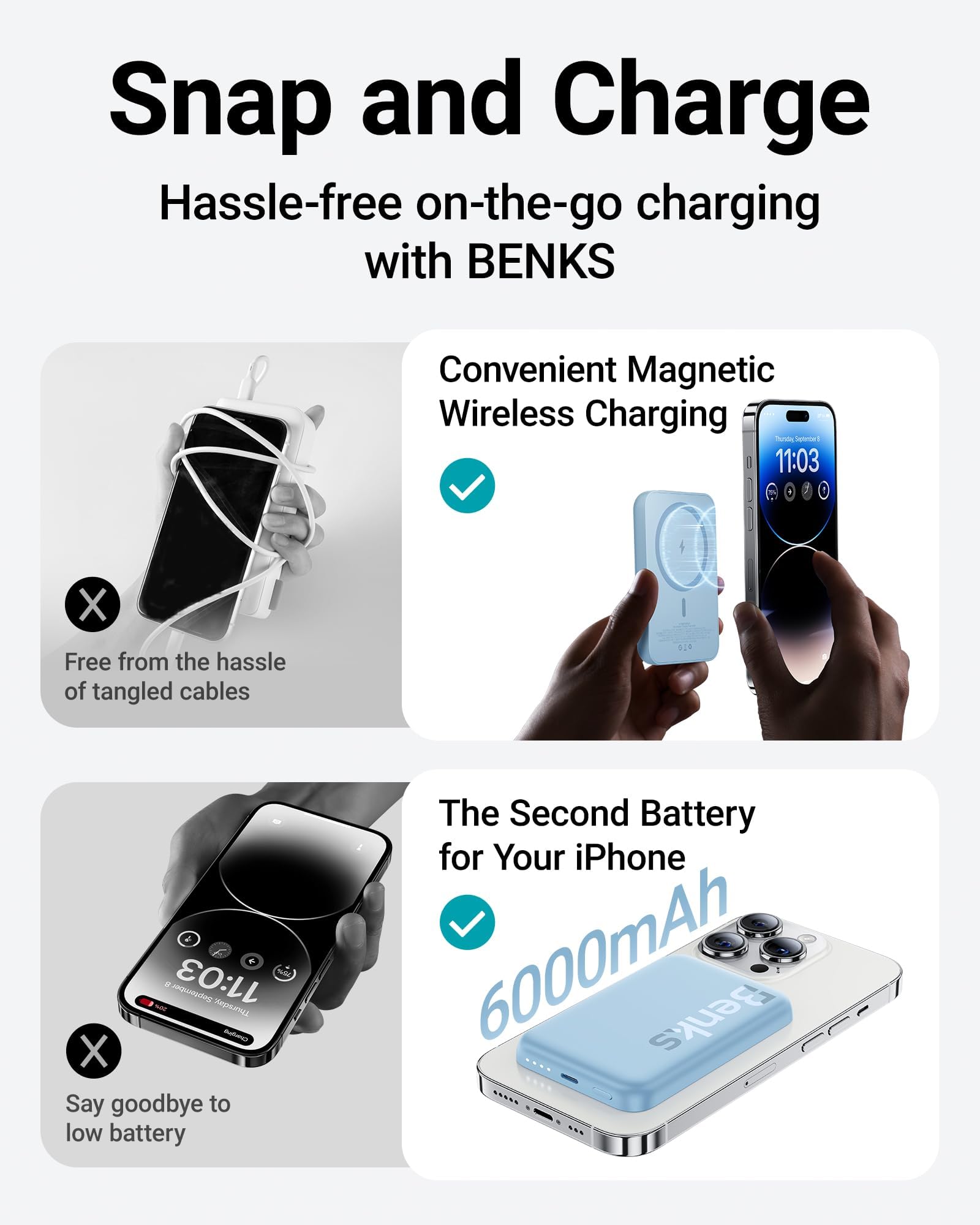 BENKS Power Bank 6000mAh, Powerbank Wireless Magnetico
